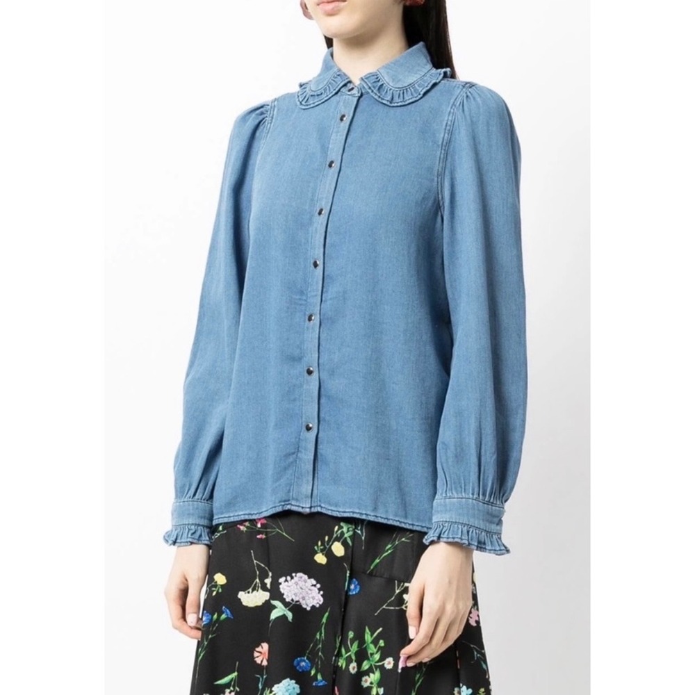 ba&sh Lilas Frilled-Edge Ruffled
Blue Denim Shirt NWT